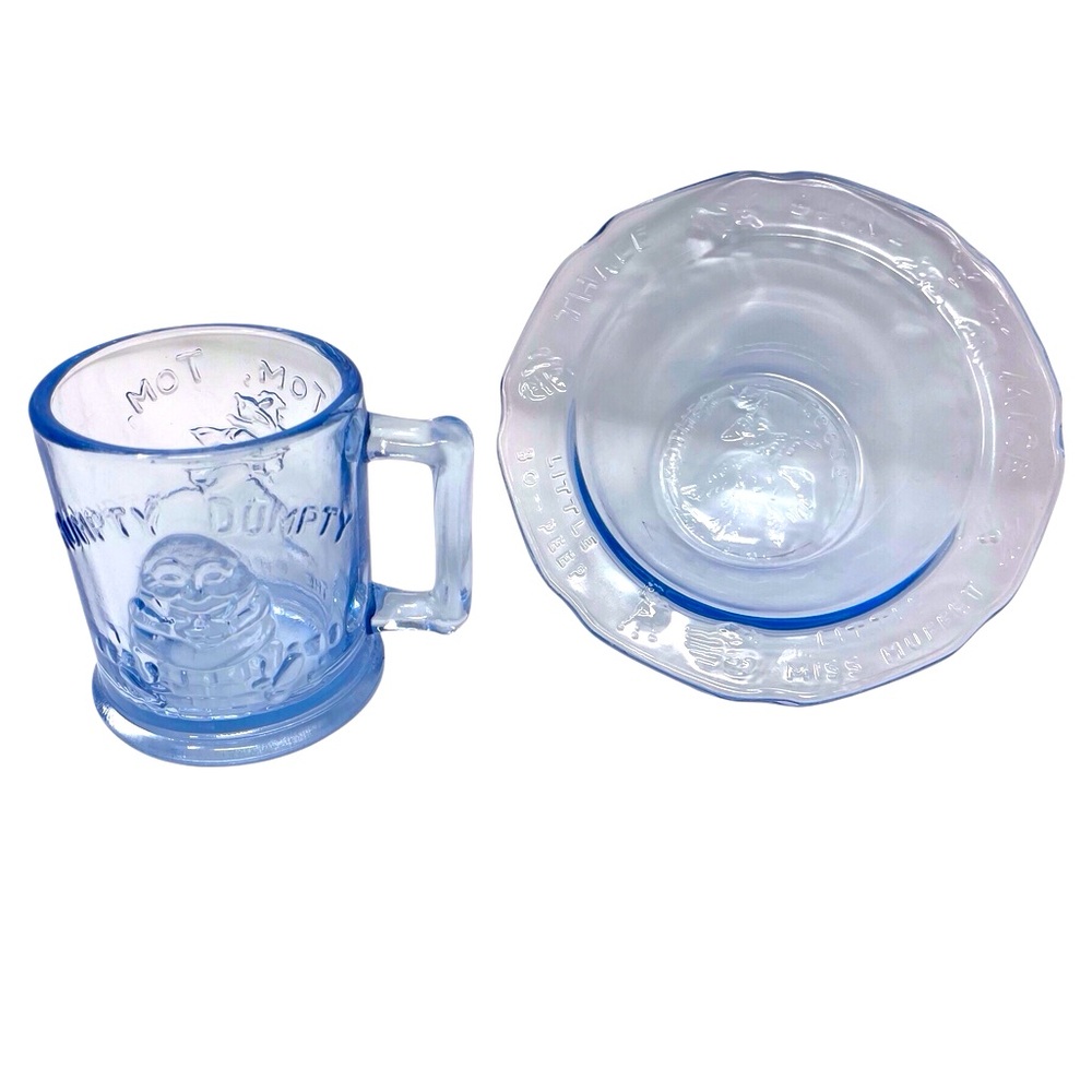 Vintage Tiara Blue Indiana Glass Nursery Rhyme children's mug and bowl set